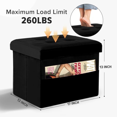 LINMAGCO Storage Ottoman Folding Foot Stool Foot Rest with Side Pocket Modern Ottoman with Storage Short Sofa Stool Velvet 17x13x13(Black) - color: Vblack(velvet), size: 13"D x 17"W x 13"H