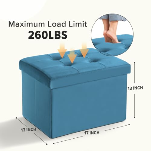 LINMAGCO Storage Ottoman Folding Foot Stool Velvet Foot Rest with Padded Modern Ottoman with Storage for Living Room Puppy Step Stool 17x13x13in(Blue) - color: Blue(velvet), size: 13"D x 17"W x 13"H