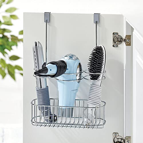 mDesign Over-Cabinet Hair Care Tools Holder for Hair Dryer, Flat Iron, Curling Wand, Straightener - Chrome - color: Chrome