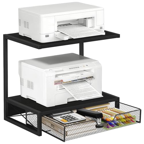 ELITEROO 2-Tier Printer Shelf with Drawers, Wooden Desk Organizer Shelf for Small Printers and Office Supplies, Desktop Storage Rack for Books, Folders, Scanner, Fax Machine, 3D Printer, Black - color: Black with Drawer