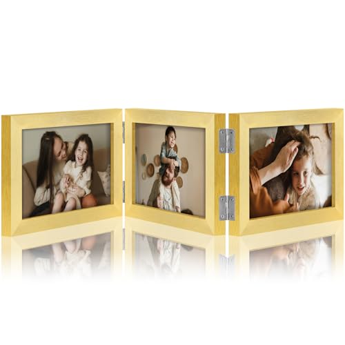 decorUhome Gold Triple 6x4 Picture Frame Horizontal, MDGD08 | "Z" Shape Folding Design Engineered Wood Trifold Photo Frame with Plexiglass for Tabletop Display - color: Gold, size: 6x4