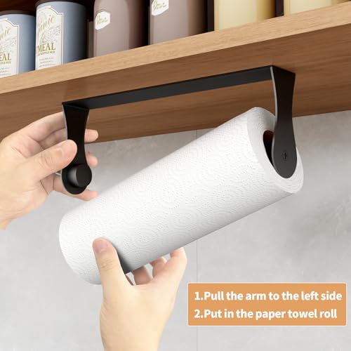 Paper Towel Holder Under Cabinet, Stainless Steel, Wall Mount, Black Adhesive Paper Roll Holder for Kitchen and Bathroom - color: Black