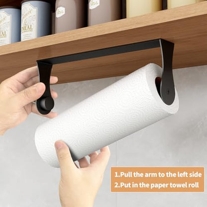 Paper Towel Holder Under Cabinet, Stainless Steel, Wall Mount, Black Adhesive Paper Roll Holder for Kitchen and Bathroom - color: Black