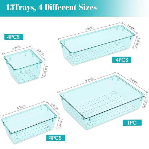 StorMiracle 13 PCS Clear Plastic Drawer Organizers Set, 4 Size Desk Drawer Organizer Trays for Makeup, Jewelry, Kitchen Utensils, Gadgets and Office Accessories, Sea Blue - color: Sea Blue, size: 13 PCS