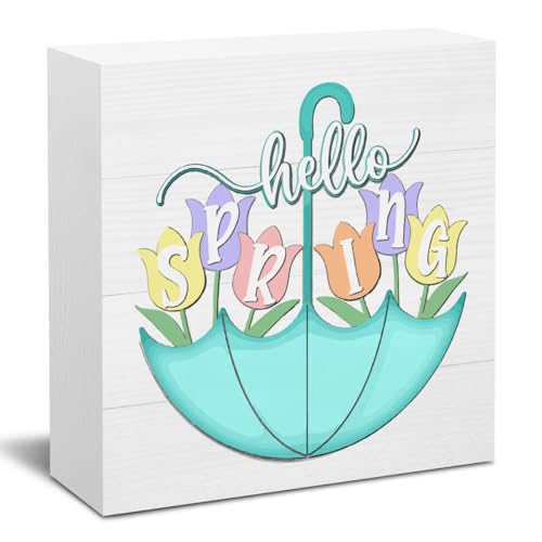 Spring Decorations for Home Spring Decor for Table Funny Springtime Umbrella Tulip Flowers Decorative Springtime Home Decor Gifts for Women 5 X 5 Inch - color: Hello Spring