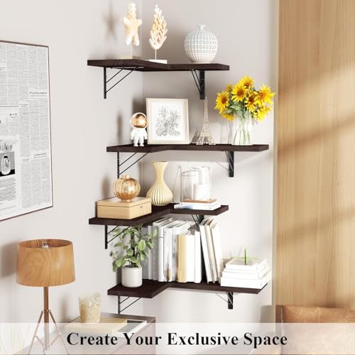 Love-KANKEI Corner Wall Shelf Set of 4,Solid Wood/Bracket,16.5"x 11",Brown | Easy to Install,Floating Wall Shelves,40 Lbs/shelf,For Bedroom Living Room Bathroom Kitchen Office,Storage Display,Wall Decor - color: Dark Brown