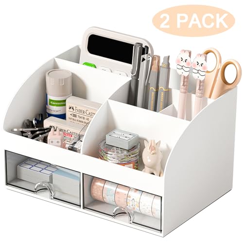 COMFYROOM Desk Organizer with 6 Compartments and 2 Drawers, Plastic Makeup Organizer, Pen Holder for Desktop Storage, Desk Organization for School, Home, Office Supplies (White-2Pack) - color: White-2Pack