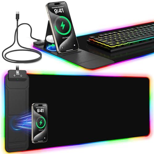 RGB Mouse Pad with Foldable Phone Stand & Wireless Charger, 31.5"x11.8" XL Gaming Mousepad Large Desk Mat, Desk Pad with Dual Charging for Phone & AirPods | 11 Colors & 5 Modes | Waterproof - color: Black Touch Control Stand XL
