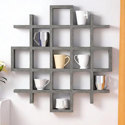 Suzile Oversize Coffee Mug Display Rack Wooden Display Shelves Rustic Wooden Floating Curio Shelf Travel Wall Mounted Coffee Mug Rack Holder Shadow Box Shelf (Grid Size 5.1x5.1x3in,Grey) - color: Grey