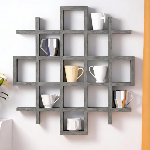 Suzile Oversize Coffee Mug Display Rack Wooden Display Shelves Rustic Wooden Floating Curio Shelf Travel Wall Mounted Coffee Mug Rack Holder Shadow Box Shelf (Grid Size 5.1x5.1x3in,Grey) - color: Grey