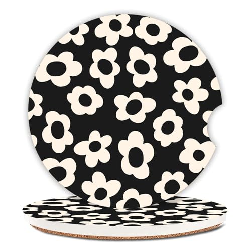 Absorbent Car Coasters 2 Pack for Cup Holders, 2.56" Ceramic Stone & Non-Scratch Cork Base Drink Coasters(White Flower) - color: White Flower