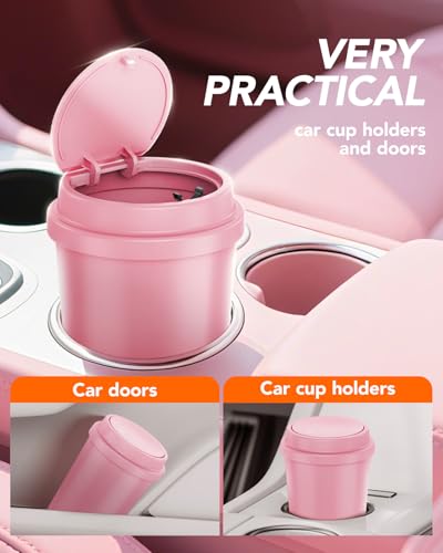 Pink Car Trash Can - Mini Leakproof Vehicle Trash Bin with Lid - Garbage Can for Car Cup Holder - Cute Passenger Princess Car Accessories - with 80 Pink Trash Bags