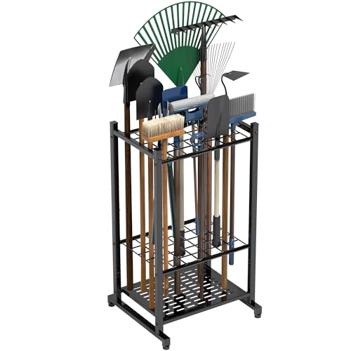 Garden Tool Organizer, Yard Tool Tower Rack for Garage Organization and Storage, Up to 35 Long-Handled Tools/Rakes/Brooms, Heavy Duty Steel Garden Tool Stand for Shed, Outdoor, Black - style: Rack