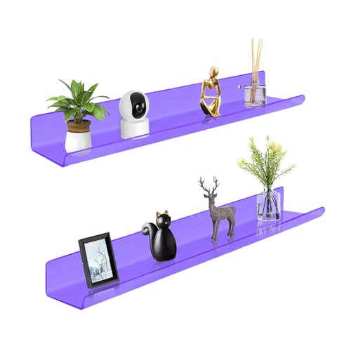 ROYALITA 24 Inches Acrylic Floating Book Shelves Wall Mounted Set of 2, Wall Hanging Plant Display Shelves, Room Decor Floating Wall Shelves for Gaming Room, Bedroom, Living Room, Office, Purple - color: Purple, size: 24 Inch