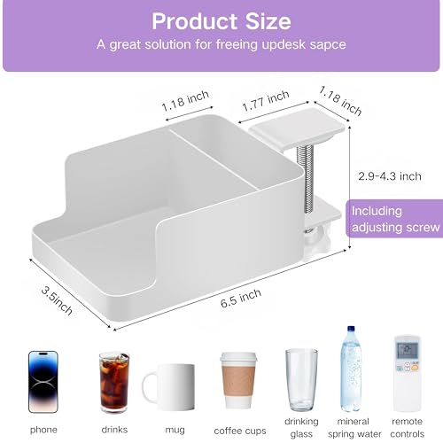Desk Cup Holder Clamp - Ajustable Desktop Hanging Storage Rack, Clamp On Cup Holder with Cup/Phone/Pen, with Charging Hole and Spill-Proof Cup Design (White)