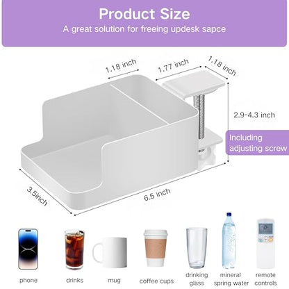 Desk Cup Holder Clamp - Ajustable Desktop Hanging Storage Rack, Clamp On Cup Holder with Cup/Phone/Pen, with Charging Hole and Spill-Proof Cup Design (White)
