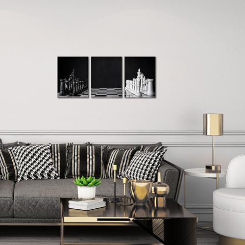 SkenoArt 3 Panel Black and White Chess Canvas Wall Art Modern Game Picture Poster Prints Chessboard Painting Framed Vintage Living Room Office Decor