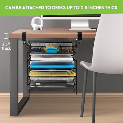 File Organizer 5 Tier Under The Desk File Holder, Clamp On Hanging File Organizer, SPACE SAVING DESIGN File Holder for Office Desk