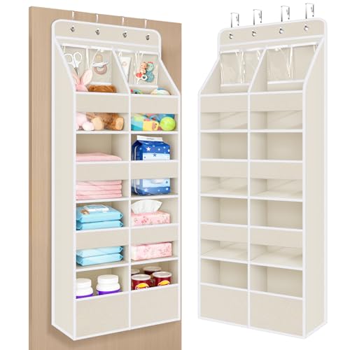 Univivi 5-Shelf Fabric Door Storage Over Door Hanging Organizer with 8 Large Pockets and 4 Small PVC Pockets Closet Cabinet Wall Mount Hanging Storage Organizers for Baby Nursery (Beige Pattern) - color: Beige Pattern (Upgraded), size: 5 LAYER