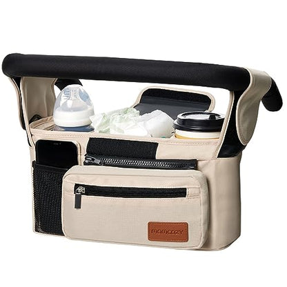 Momcozy Universal Baby Stroller Organizer, 2 Insulated Cup Holder, Detachable Zippered Pocket, Adjustable Shoulder Strap, Large capacity for baby essentials, Compact Design Fits Any Strollers - color: Khaki