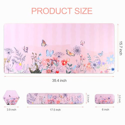 Petmolico Mouse Pad Set with Computer Keyboard Desk Pad,Mouse Pad with Wrist Rest,Typing Wrist Pad and Cup Coasters,Ergonomic Design for Typing Pain Relief【Pink,Wild Flowers】 - color: Pink