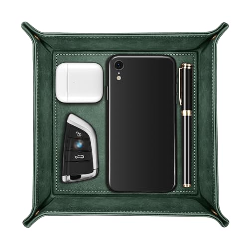 SITHON Valet Tray Desktop Storage Organizer – Premium PU Leather Catchall Bedside Vanity Tray Nightstand Caddy Holder for Keys, Phone, Wallet, Coin, Valentine's Day Gift, Dark Green - color: Dark Green