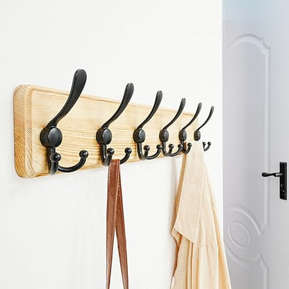 Dseap Coat Rack Wall Mounted - 24" Long 6 Tri Hooks, Heavy Duty Wooden Wall Coat Hanger Coat Hook for Clothes Hat Jacket Clothing, Weathered Light Natural and Black - color: Light Brown & Black, size: L=24"