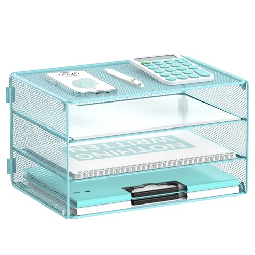 DALTACK 3 Tier Letter Tray Paper Organizer for Desk, Mesh Metal Desk File Organizer with Sliding Trays for Letter/A4 Paper, Mail, Bills & Folders, Blue - color: Blue