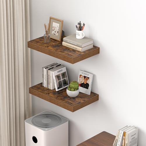 Dreamland 20" Floating Shelves for Wall, 12" Deep Thicker Floating Shelves, Wall-Mounted Shelves for Bedroom, Living Room, Kitchen, Bathroom,Rustic Brown - Set of 2 - color: Rustic Brown, size: 20"W x 12"D x 2"H, Set of 2