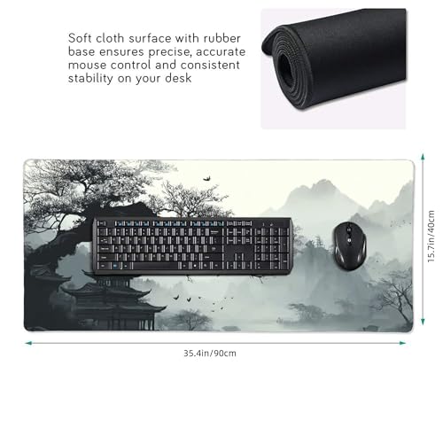 Extended Mouse Pad, Chinese Ink Painting Landscape Design, 35.4x15.7 Inches, Gaming Keyboard Pad with Stitched Edges, Anti-Slip Rubber Base - color: Ancient trees