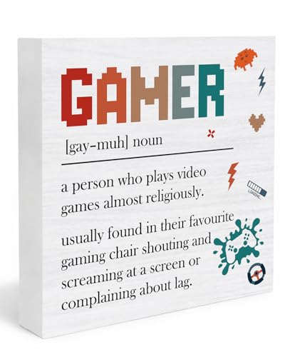 Gamer Gifts for Men Women, Gamer Definition Wooden Box Sign for Home Gaming Room Internet Cafe Decor 5x5 Inch