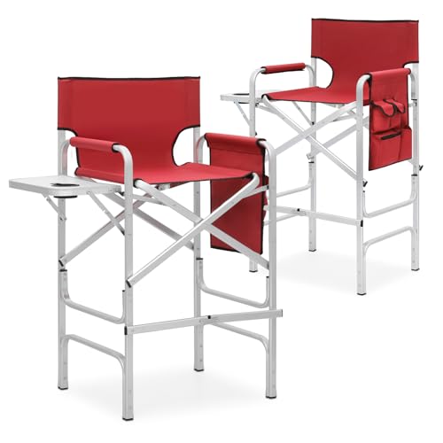 MoNiBloom 44.5" Foldable Tall Director Chair Folding Portable Aluminum Frame Makeup Artist Chair, with Side Table, Cup Holder and Pockets, 250lbs Capacity (Set of 2, Red) - color: Red, size: 23.5" x 17" x 44.5" (2 Pack)