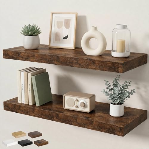 Floating Shelves for Wall 32 in x 9.3 in Deep, Wall Mounted Rustic Wood Shelf with Invisible Brackets for Storage & Display, Living Room Bedroom Bathroom, Brown, 2 Pack - color: Rustic Brown, size: 32 Inch, 2 pack
