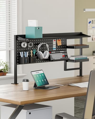 PEGZONE Clamp on Desk Shelf, 44" Desktop Shelving System, Black | with Pegboard and Accessories, Desktop Organizer with 2-Tier Shelf, Desk Pegboard for Office Home Gaming - color: Black