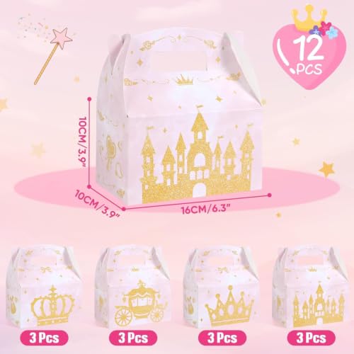 WERNNSAI 12 Pcs Princess Favor Boxes Gift Box for Princess Party Decoration | Diverse Princess Elements, Gold Glitter Crown Design, Sturdy and Easy to Assemble, Double-sided Design Styles - color: Princess