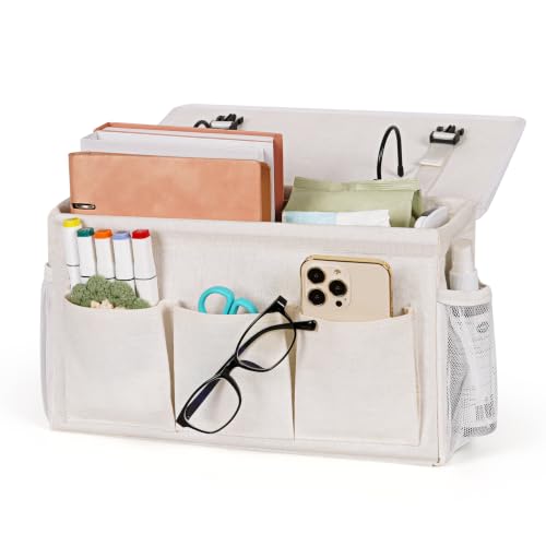 Bedside Caddy Storage Organizer for Bed Rails, Bed Caddy with 6 Pockets | Bedside Organizer with Fixed Straps and Hooks, Mattress Supported Versatile for Home, Dorm, Bunk, Hospital and Crib Bed - color: White 1