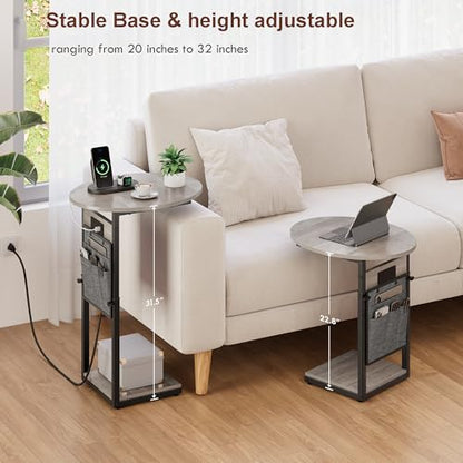 Vagusicc C Shaped End Table with Charging Station, 32" Tall Side Table for Couch and Recliner, Adjustable Height Small Couch Side Table Slide Under Sofa TV Tray Table for Living Room, Bedroom, Greige - color: Greige, style: Charging Station