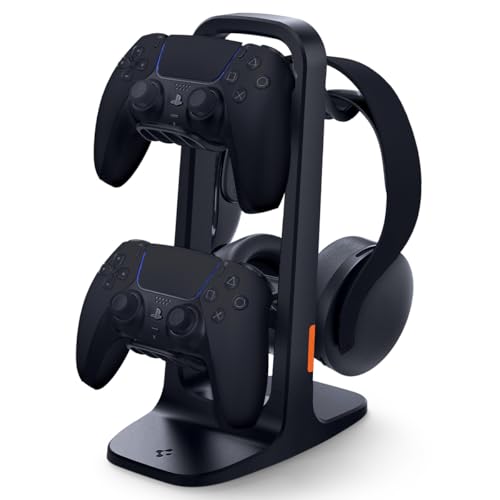 Spigen Gaming Controller and Headset Stand for PlayStation, Xbox, Nintendo Switch 2, Razer, Gaming Headphones and Headsets, Universal Desk Stand Mount, 2 Tiers with Storage Cable Organizer - Black