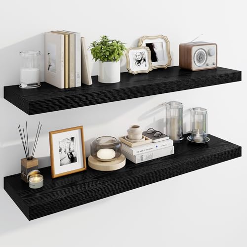 Marsmiles 40" Floating Shelves for Wall, Wooden Shelves with Invisible Brackets Set of 2, Rustic Farmhouse Wall Mounted Shelf for Kitchen Bathroom Living Room Study, Black - color: Black, size: 40"