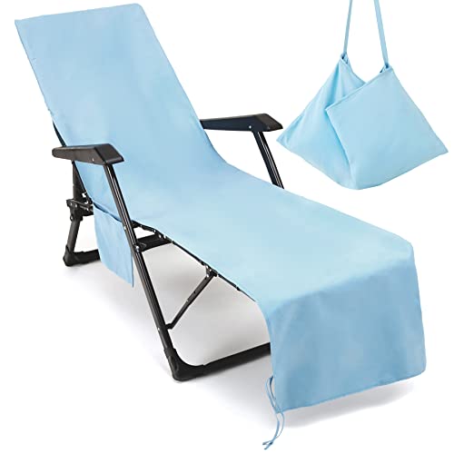 VOCOOL Pool Lounge Chair Cover Chaise Lounge Cover Beach Chair Towel | Soft Chaise Lounge Towel with Pocket for Patio Pool Outdoor Sunbathing Garden, 85 x 30 inch, No Sliding, Quick Dry, Sky Blue - color: Sky Blue