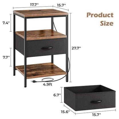 SUPERJARE Night Stand with Charger Station, 27.7 Inch Tall Nightstand with Adjustable Fabric Drawer, Bed Side Table, Fabric Drawer Dresser for Bedroom, Living Room, Rustic Brown and Black - color: Rustic Brown and Black, size: L (15.7"D x 17.7"W x 27.7"H)