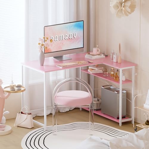 Pamray 43 Inch L Shaped Computer Desk with Reversible Side Storage Shelves, Small Corner Desk for Small Space Home Office,Writing Study Table PC Desk for Bedroom,Pink with White Leg - color: Pink + White Leg, size: 43 Inch