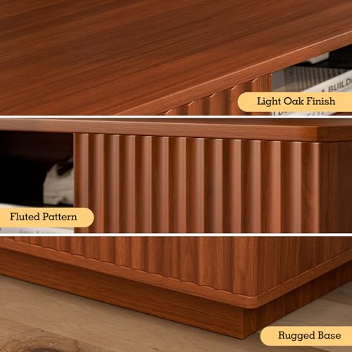 LCRBOL TV Stand for up to 70" TV, Mid-Century Entertainment Center, Walnut | 63"W x 15.4"D x 25"H, 2 fluted cabinets, 1 drawer & open shelves, top holds 200 lbs, cable management, ~90 min assembly - color: Brown