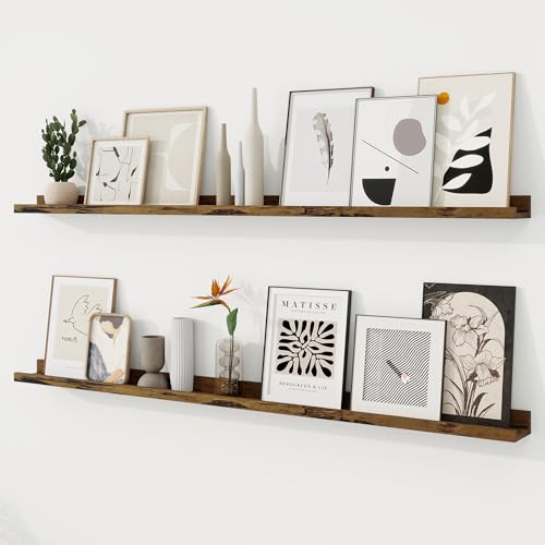 RICHFOCUS Picture Ledge Shelf, 55 inch Floating Shelves Set of 2, Wood Wall Shelves with Lip, Wall Decor Storage for Bedroom Living Room Bathroom Kitchen Nursery Photo Picture, Rustic Brown - color: Rustic Brown, size: 55 Inch, set of 2