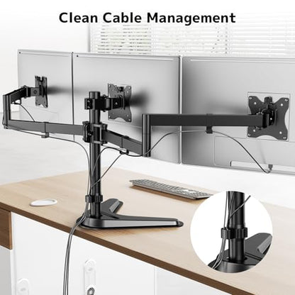 Triple Monitor Stand, Full Motion Adjustable Arm Fits 3 Screens up to 27 inch, Free Standing Desk Stand with Base and Cable Management, 22 lbs Weight Capacity per Arm, 75/100 mm VESA, Black - size: Triple Arms