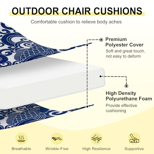 downluxe Outdoor Chair Cushions Set of 2 for Patio Furniture, Water-Resistant Patio Chair Cushions with Ties, High Density Foam Outdoor Seat Cushion, 17" X 16" X 2", Blue Carp - color: Blue Carp, size: 17x16x2 Inch (Pack of 2)