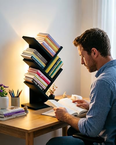 Godferyxin Bookshelf with Liting,Small Bookshelf LED and Desktop Book Shelf Light for Office, Home or School Mini Bookcase for Wood Displaying Books, CDs, Magazines Wood Shelf Rack - color: 5tier-bookshelf Liting Black