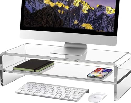 Acrylic Monitor Stand, 2 Tier Riser with Storage Shelf, Clear, 16/20 Inch, Home Office Desk Organizer (16in) - size: 16in