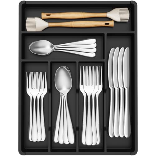 Lifewit Silverware Drawer Organizer Tray, Plastic Cutlery Storage for Kitchen, Flatware and Utensil Holder Divider for Spoons Forks Knives Tableware, 12.3 x 16", 6 Slots, Black - color: Black, size: 12.3 x 16 inch (6 Slots)