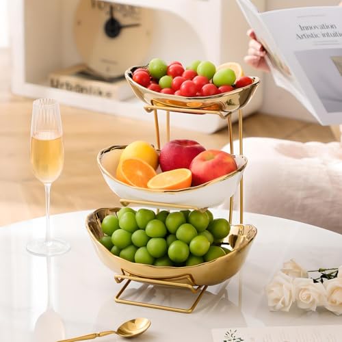 Gold Silver Fruit Bowl with Metal Stand, 3 Tier Ceramic White Fruit Bowl Fruit Rack for Kitchen Counter, Tiered Fruit Basket for Snacks Bread Candy Storage (Gold (Smooth Surface)) - color: Gold (Smooth Surface)